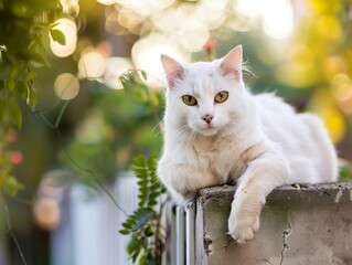 A majestic white cat with striking yellow eyes is lying comfortably on a wall, surrounded by sun-dappled foliage