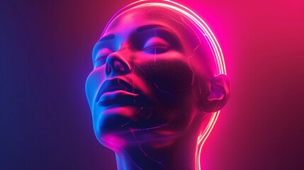 Futuristic AI female robot in neon colors. 3D-rendered human head on a gradient background. Virtual reality, face identification, and technology concept. Glowing light head model.