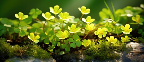 A groundcover of small yellow flowers is flourishing on a rocky terrain, showcasing the resilience of terrestrial plants in harsh conditions