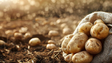 Freshly harvested potatoes standing in sack