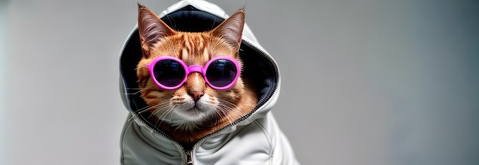 cat wearing pink glasses and a white hooded jacket on a gray background. concepts of style, creativity, individuality, fun. banner with a portrait of a unique cat
