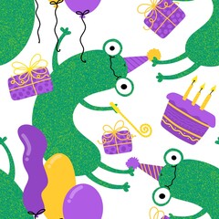 Cartoon animals birthday seamless frogs pattern for wrapping paper and fabrics and kids print and party accessories