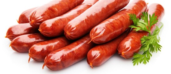 A variety of sausages, including Cervelat, Knackwurst, and Chinese sausage, are displayed on a white background with parsley. These animal products are popular ingredients in many cuisines