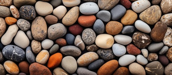 Closeup of a pile of rocks of varying colors and sizes made up of pebbles, cobblestones, and gravel. The natural building material forms a beautiful rectangle pattern