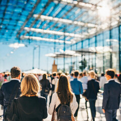 Blurred Individuals in Expo Background. Trade Show Concept with Exhibition, Marketing, and Crowd in Blurred Lighting