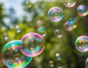Multicolored soap bubbles floating with a bokeh background