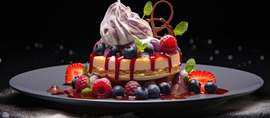 A dish of pancakes topped with whipped cream and berries, set against a dark background to enhance visual appeal