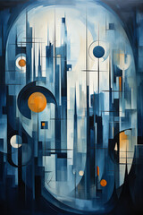 Futuristic cityscape with celestial elements in an abstract cubist style painting - obrazy, fototapety, plakaty