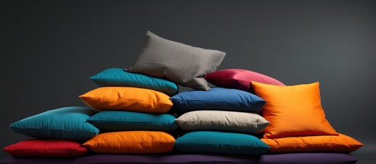 A stack of vibrant electric blue, carmine, and magenta wool pillows create a colorful art display on the couch, perfect for a fashion accessory event