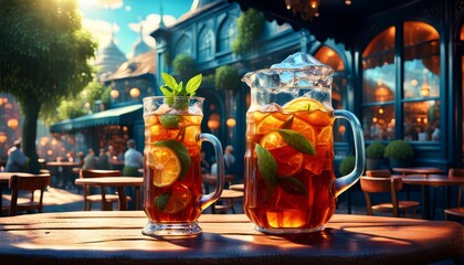A pitcher of iced tea on a table at a cute outdoor cafe. 