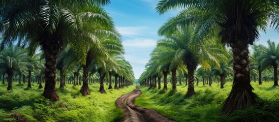 Fototapeta na wymiar A dirt road winds through a lush palm tree plantation under a clear blue sky, creating a serene natural landscape with fluffy white clouds