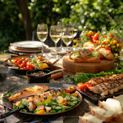 Obraz premium Grilled meat with vegetables and sauce on wooden table in summer garden
