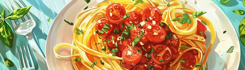 Illustrate a succulent plate of fettuccine topped with savory sauces and fresh herbs