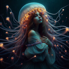 A surreal depiction of a woman with a jellyfish as a headdress in a deep-sea ambiance