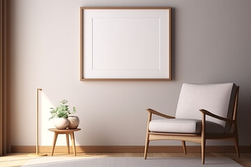 Fototapeta na wymiar Simple living room with white chair, table, and picture frame