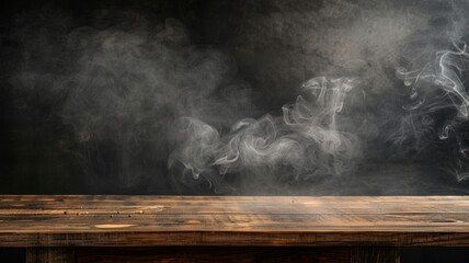 On a black background, an empty wooden table with smoke floats up. Empty space for displaying your products, with a smoke float up on a dark background. copy space - generative ai