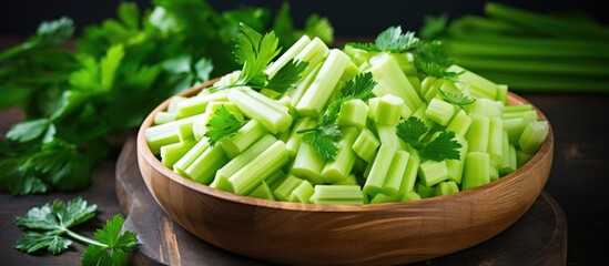 A wooden bowl filled with chopped celery and parsley, staple foods from the legume family, placed on a table as ingredients for a plantbased recipe