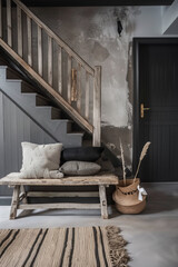 Wooden bench against grey wall and staircase. Scandinavian, rustic farmhouse interior design of modern entryway