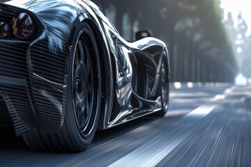 Close-up of a black sports car speeding on an asphalt road with motion blur