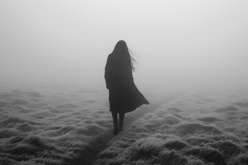 Silhouette of a person walking in a dense fog over a grassy landscape