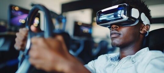 Man in vr glasses takes driving exam in car simulator at driving school classroom