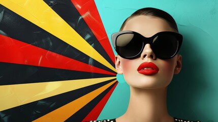 Retro woman in sunglasses on pop art background  surrealistic 60s 70s disco club culture fashion
