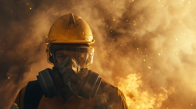 This Image Portrays A Person Wearing Safety Gear In An Environment Filled With Dust Or Smoke. The Individual Is Equipped With A Yellow Hard Hat, A Black Face Mask, And A Dark-colored Safety Suit With 