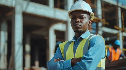 This image depicts a person in construction attire, wearing a white hard hat and a yellow reflective vest over a blue shirt The individual stands with their arms crossed in front of a blurred backgrou