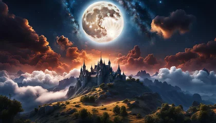 Foto op Canvas A beautiful fantasy landscape with a castle and clouds and the moon at night.  © Elle Arden 