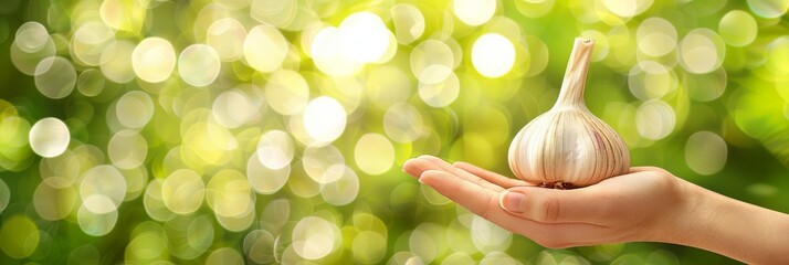 Hand holding garlic bulb on blurred background with ample space for text placement