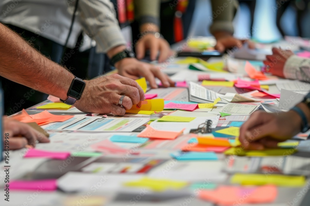 Aufkleber A group of professionals collaboratively sort through various post-it notes on a work table