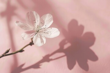 An artistic image showcasing a delicate cherry blossom with its detailed shadow cast on a soft pink background