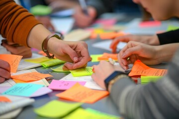 Individuals engaging in a brainstorming session with colorful sticky notes on a table