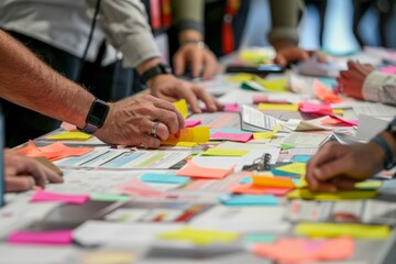 Obraz premium A group of professionals collaboratively sort through various post-it notes on a work table