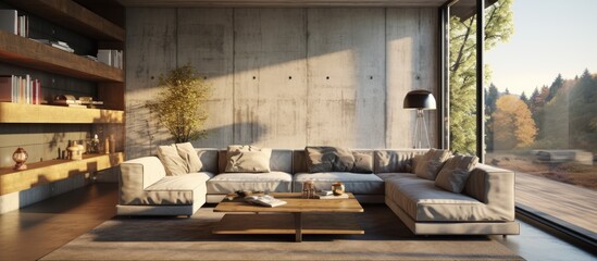 Modern interior design with sunlight and bright details on concrete walls.