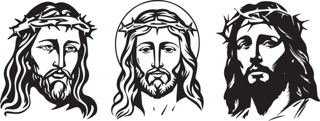 Jesus Christ with a crown of thorns, suffering, black vector graphic