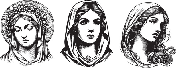 Virgin Mary portrait, mother of God with fine elements, woodcut sketch, black vector graphic