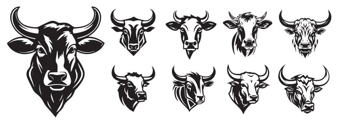cows, horned cattle, heads collection, black vector graphic laser cutting engraving