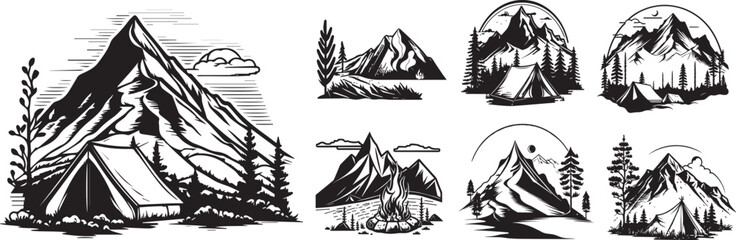 mountain camping, bonfire, solo scout trip, tent in nature, black vector graphic laser cutting engraving