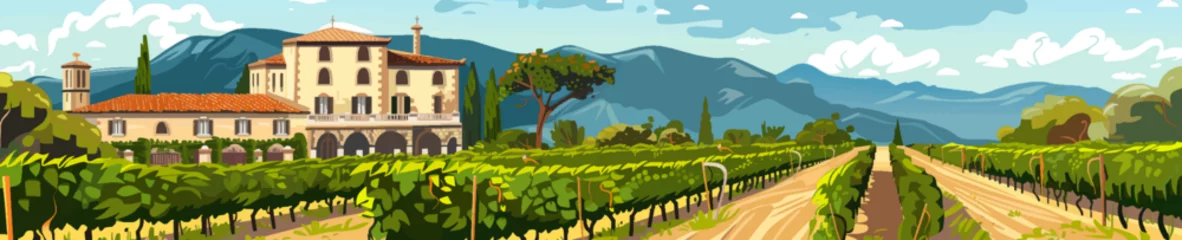 Fotobehang Panoramic serene Tuscan vineyard landscape with a traditional villa cypress trees, and distant hills. Colorful generative ai vector illustration. Scratch board imitation. Black and white image © Oleksandr Pokusai