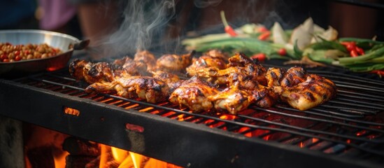 Chicken and vegetables are being grilled on an outdoor grill rack topper using gas for cooking. A delicious dish in the making with fresh ingredients