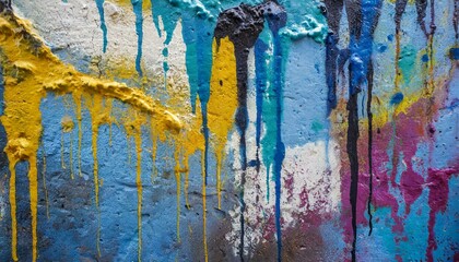 old paint on the wall, Messy paint strokes and smudges on an old painted wall background. Abstract wall surface with part of graffiti. Colorful drips, flows, streaks - obrazy, fototapety, plakaty