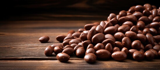 A stack of dark chocolatecoated coffee beans displayed on a hardwood table. Perfect for natural food events or still life photography with this superfood ingredient