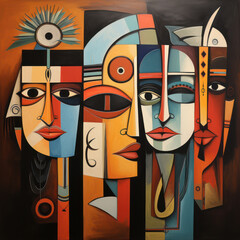 Cubism. Tribal faces against a dark backdrop