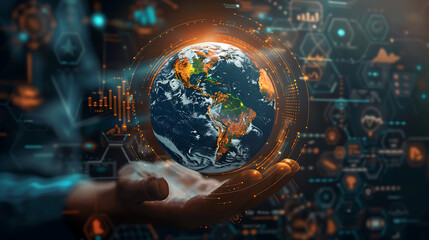 Obraz premium The image you’ve provided depicts a fascinating scene: Central Focus: A human hand is prominently displayed, seemingly holding or presenting a holographic representation of Earth