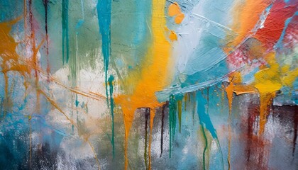 abstract watercolor painting, Messy paint strokes and smudges on an old painted wall background. Abstract wall surface with part of graffiti. Colorful drips, flows, streaks - obrazy, fototapety, plakaty
