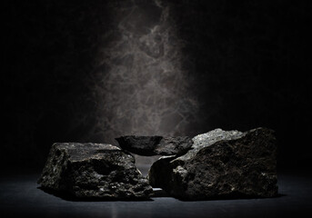 natural stones for the podium. podium with stones on a dark background for the presentation of...