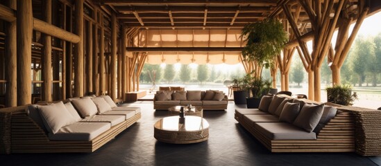 Fototapeta premium Summer Pavilion Interior with Wooden Walls and Furniture
