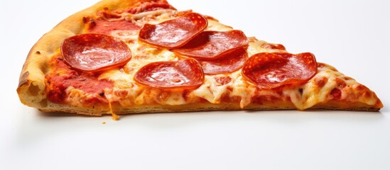 A slice of pepperoni pizza topped with melty pizza cheese on a white surface. This dish is a classic Californiastyle pizza with meat as the main ingredient
