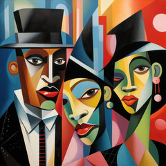 Gentleman and two lady in urban chic, cubism